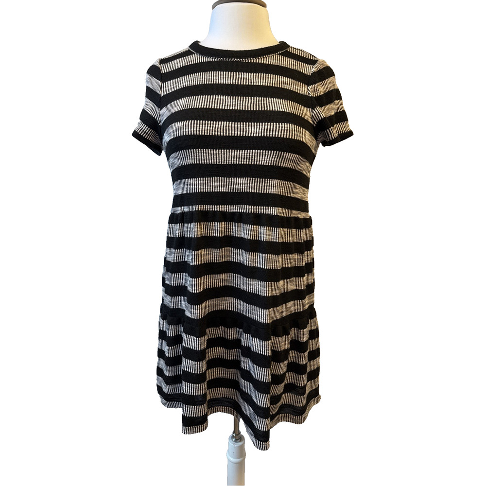 Loft Womens Petite Small Whimsigoth Ribbed Stripe Short Sleeve Tiered Dress Boho
